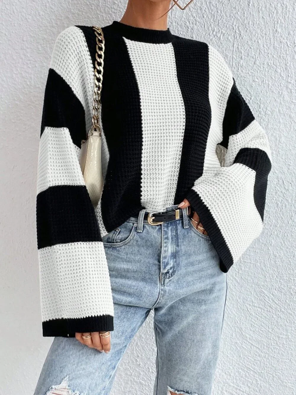 Black And White Casual Women's Color Block Striped Batwing Sleeve Loose Sweater